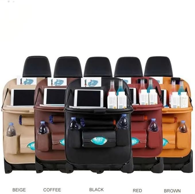 Luxury PU Leather Car Backseat Organizer with Foldable Table โ Multi-Functional Car Seat Storage. Waterproof Travel Back Seat Organizer with Cup Holders, Tissue Box & Tablet Pocket (Beige)