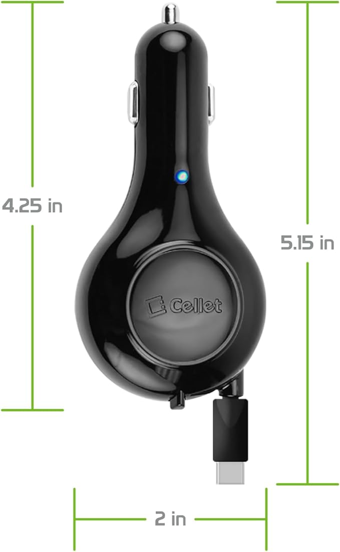 Cellet Retractable USB-C Car Charger β 15W Fast Charging, 3.3ft Cable, 3A Output, Blue LED Indicator β Compatible with Apple iPhone 15/16 Series & Samsung Android USB-C Devices β Compact, Tangle-Free