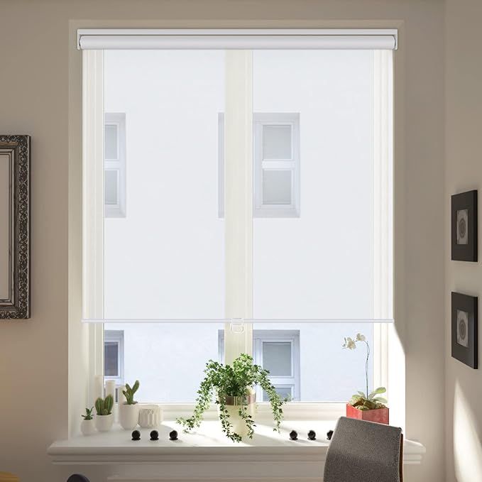 LUCKUP Light Filtering Roller Shades for Windows, Cordless Semi Sheer Solar Blinds with 5% Openness Free-Stop Window Shades for Home & Office, White 40" W x 72" L