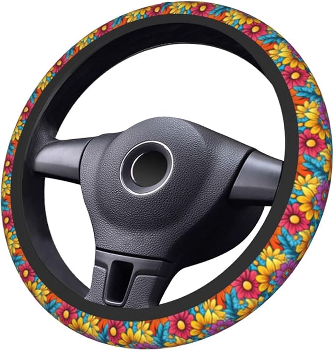 Lovely Flowers Cute Steering Wheel Cover Non-Slip Breathable Sweat-Absorbent Suitable for SUV Van Truck Car Universal Protection Accessories 15 Inch Suitable for Women Men