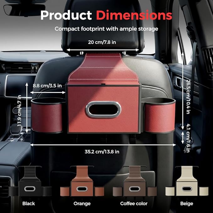 3-in-1 Car Backseat Organizer with Cup Holder, Tissue Box, Trash Bin & Hooks,Multifunctional Back Seat Car Organizer for Hold Phones,Snacks,Drinks,and Handbags (A-Beige)