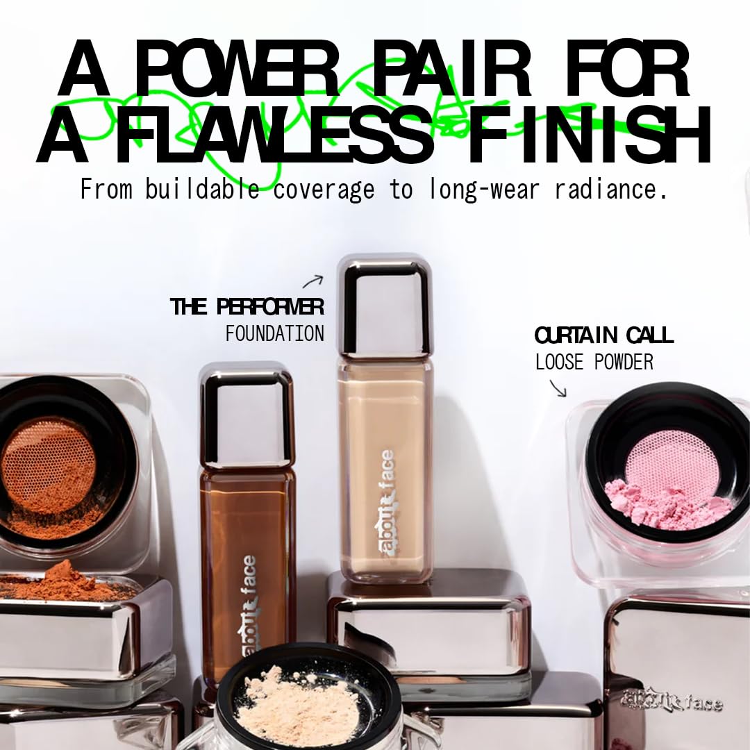 about-face Curtain Call Set & Smooth Loose Powder Ovation – Lightweight, Oil-Absorbing Setting Powder with Rice Starch & Corn-Based Talc Alternative – Vegan, Cruelty-Free – 0.35oz (Very Deep)