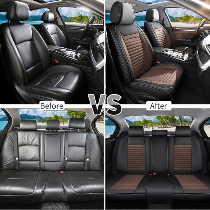 Car Seat Covers Full Set Fit for Toyota Matrix 2003-2014, Premium Faux Leather Car Seat Protector,Breathable Anti-Slip Full Wrapping Edge Seat Covers(Black&Brown,Full Set)