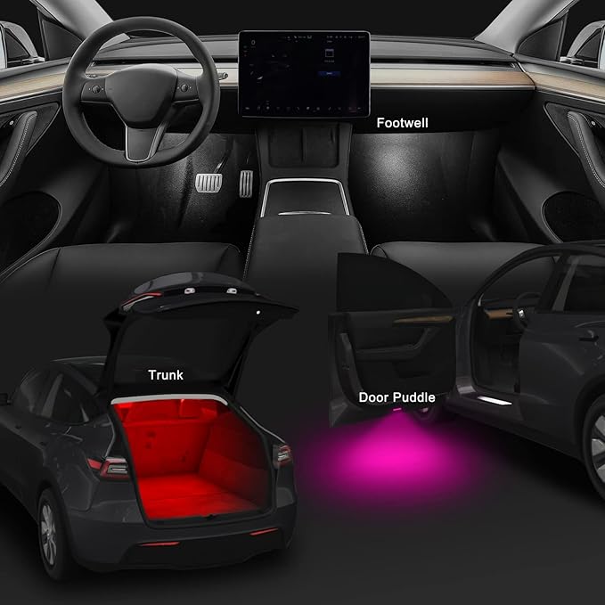 4 Pcs Interior LED Lights Bulbs Kit Compatible with Tesla Model 3, Y, X, S, Super Bright Replacement Light Bulbs for Footwell, Door Puddle, Trunk, Frunk - for Tesla Accessories (Pink)