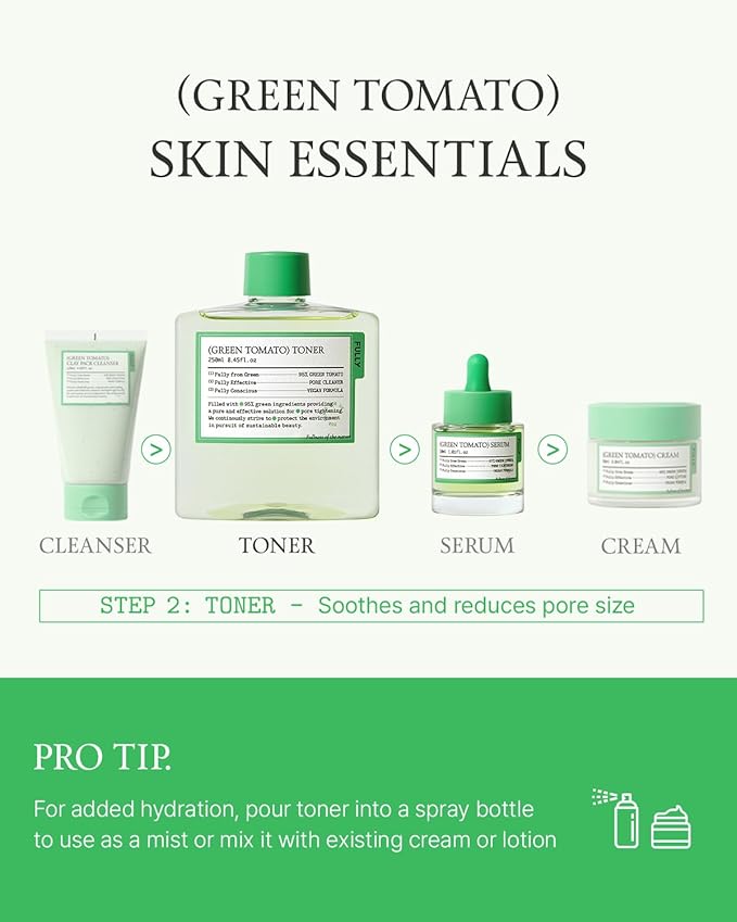 FULLY Green Tomato Toner, Pore Tightening with 95% Green Tomato Extract and VIT C, Skin Soothing and Hydrating, Fragrance Free, Vegan & Dermatologically Tested, 8.45 fl.oz