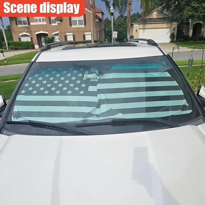 American Flag Car Windshield Sun Shade, Foldable Car Front Window Sunshade for Cars SUV Truck, Auto Interior Sun Protection Cover, Blocks UV Rays & Keeps Your Vehicle Cool (Black, L)