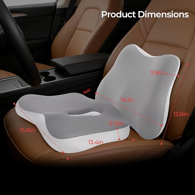 Car Seat Cushion & Lumbar Support Set, Memory Foam Seat Cushion for Long Sitting & Driving, Ideal for Truck Bus Van Drivers, Office Chair Cushion Set (Gray) (Gray)