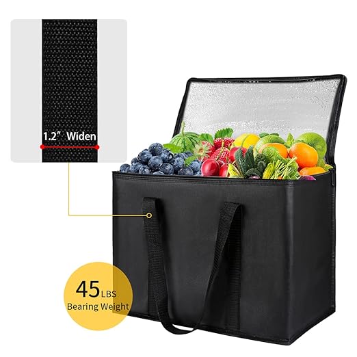 CIVJET Insulated Reusable Grocery Bags, 16W x 13H x 9D, X-Large Tote Bag for Shopping/Travel, Doordash Food Cooler/Hot Delivery Bag, Black, 2-Pack