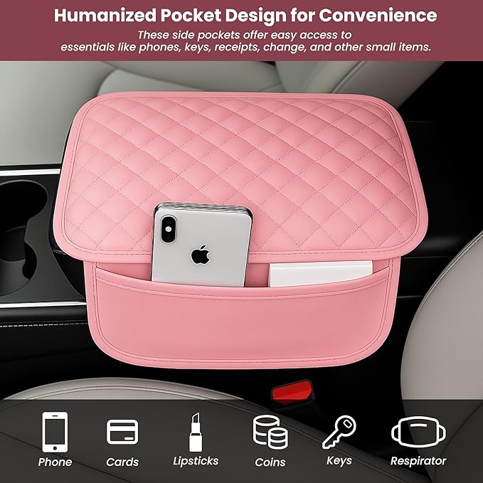 Upgraded Car Center Console Cover with 2 Storage,Arm Rest Covers Armrest Cover for Car, Microfiber Leather Car Armrest Cover Cushion, Universal Car Interior Accessories for Vehicles(Pink longer)