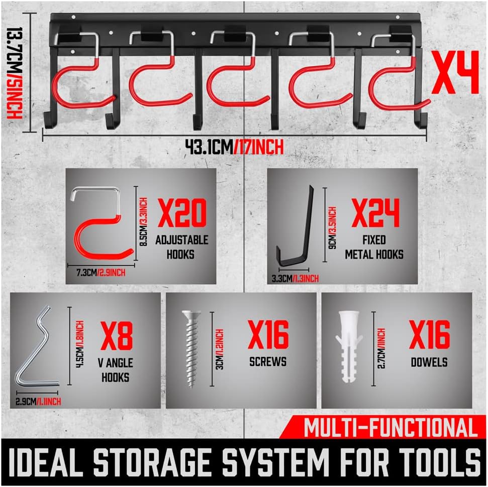 68" All Metal Garden Tool Organizer - Sturdy Garage Wall & Shed Organization System - Hooks for Shovel, Broom, Rake & More