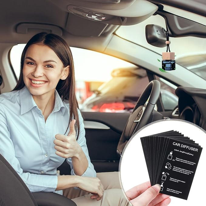 DaisyInner 100 Sets Car Diffuser Bottles Empty Bulk Hanging Car Air Freshener Diffuser Bottles Bulk Glass Perfume Holder with Instruction Cards for Essential Oil Fragrance Pendant(Square,Black)