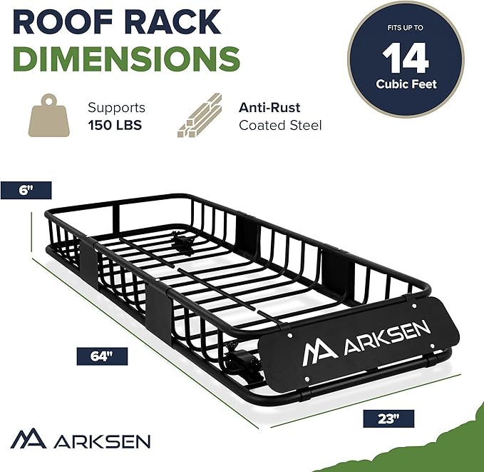 ARKSEN 64"x23"x6" Roof Rack Skinny Cargo Carrier with Basket, Net & Ratchet Straps Heavy Duty Weather Resistant Top Mount Cargo Rack, Luggage & Camping Gear Storage for Car, Truck or SUV Transport
