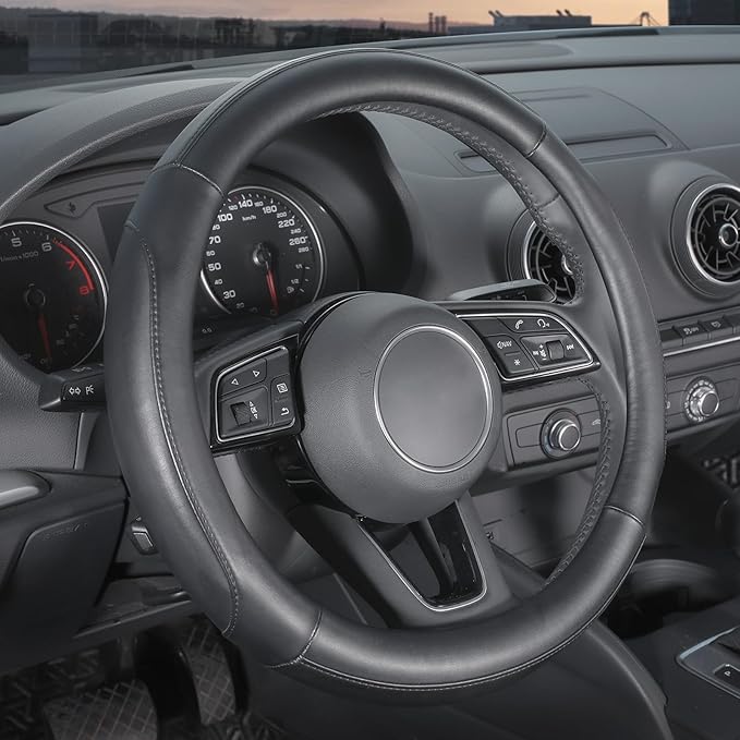 SEG Direct Car Steering Wheel Cover Large Size for F150 F250 F350 Ram 4Runner Tacoma Tundra Range Rover with 15 1/2 inches-16 inches Outer Diameter, Black Microfiber Leather