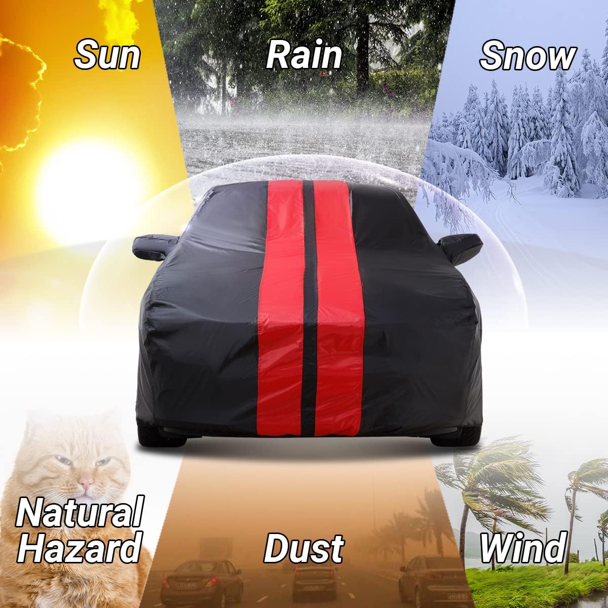 iCarCover Custom Car Cover for 1979-2004 Ford Mustang LX, GT Waterproof All Weather Rain Snow UV Sun Protector Full Exterior Indoor Outdoor Car Cover (Stripe - Black/Red)