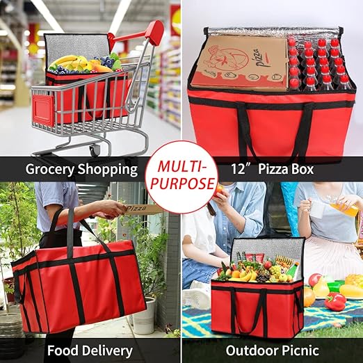 CIVJET 1-Pack Insulated Food Delivery Bag, XXX-Large Commercial Food Warmer for Delivery Drivers, Insulated Reusable Grocery Cooler/Hot Bags, Tote Bag for Shopping/Travel, Catering Bag 22x14x13, Red