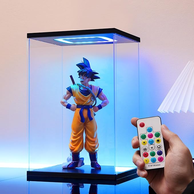 Clear Acrylic Display Case with Light for Miniature House Building Sets, Multiple Color Lights Dustproof Protection Display Box for Collectibles Action Figures(11.4×9.4×9.8inch)