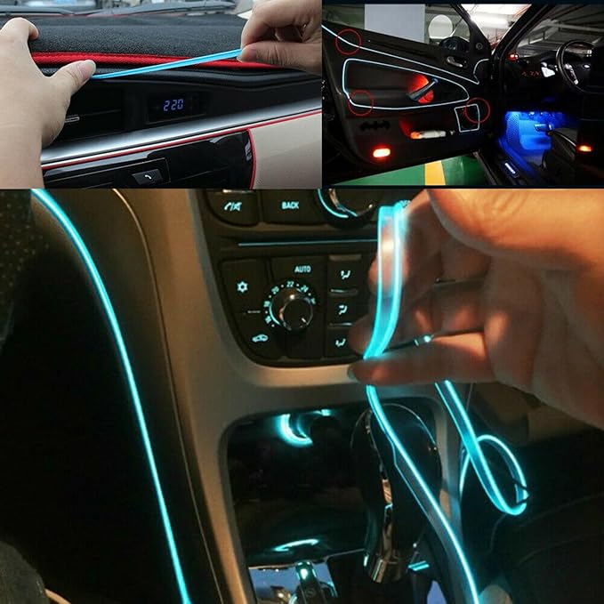 Riloer El Wire Lights for Car, Interior Neon Lights Strip Car LED Strip Light Interior for Car Garden Party Decoration, Car Ambient Lighting Kits, 2m/6.5ft Ice Blue LED