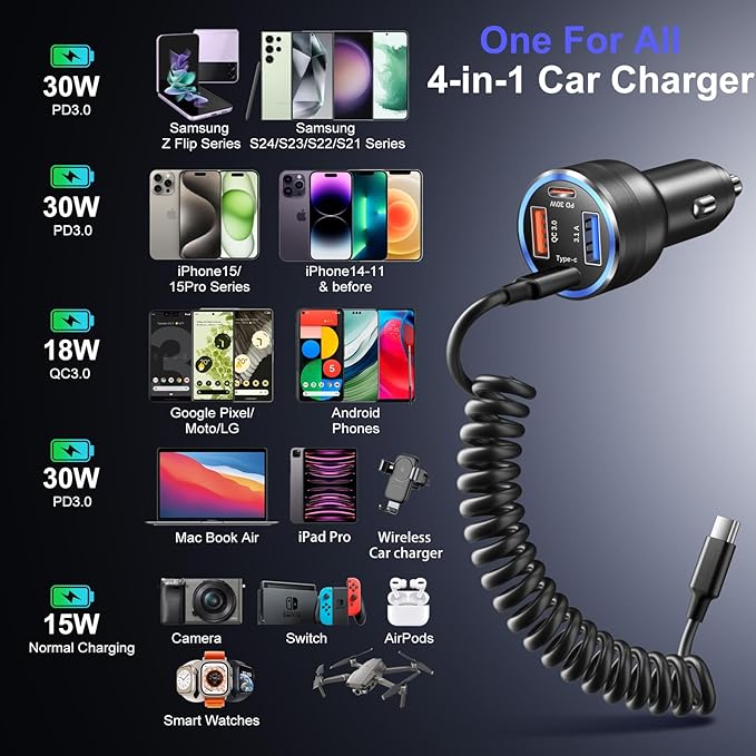 65W Super Fast Type C Car Charger for Samsung Galaxy S26 S25 S24 S23 S22 Ultra, 2Pack 4-Port USB C Car Charger for Samsung A13 A14 A16 A17 A03S A10E S20FE Android Car Adapter+5FT Type C Coiled Cable