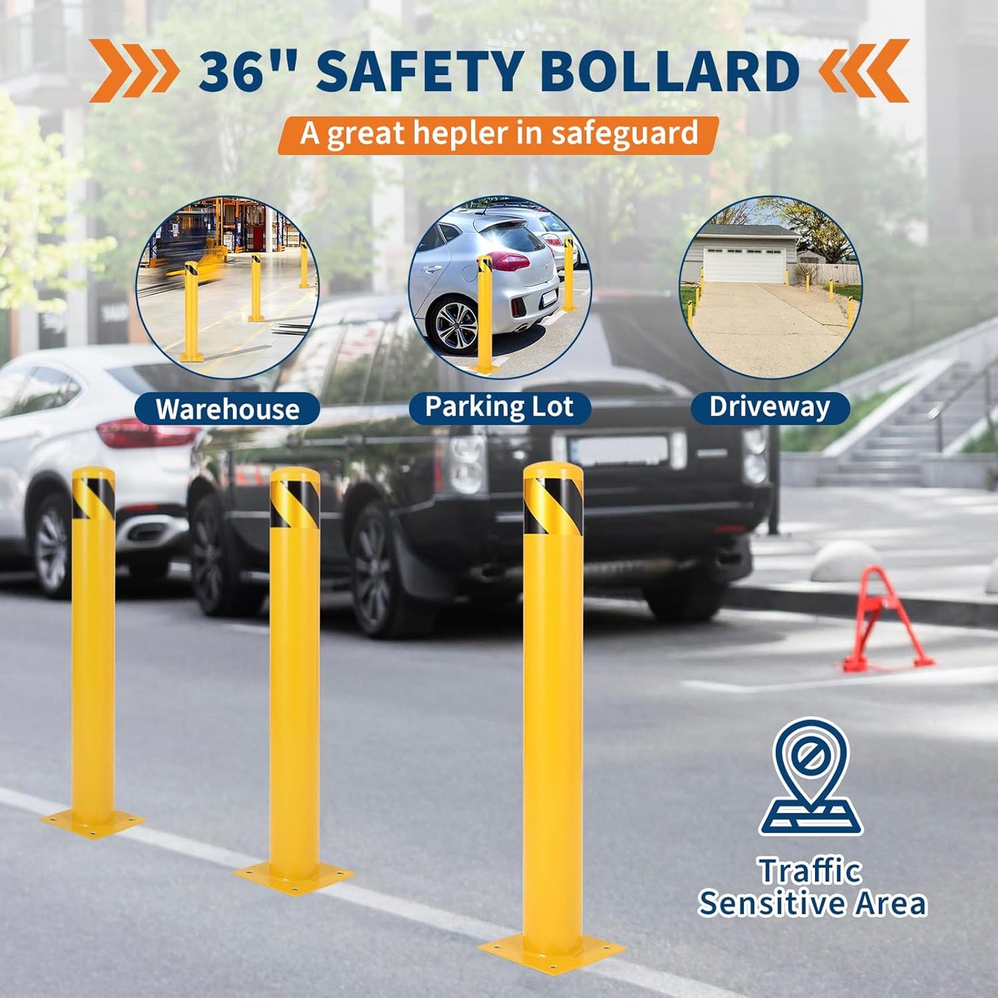 4.5x42 Inch Safety Bollard Post - Yellow Steel Bollard with Anchor Bolts (6-Pack) for Parking Lots, Walkways & Traffic Areas