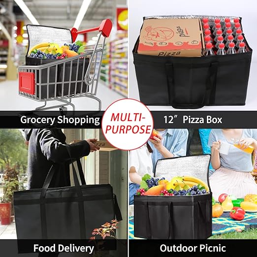 CIVJET 2-Pack Insulated Food Delivery Bag with Hard Bottom, XXX-Large Commercial Food Warmer, Insulated Reusable Grocery Cooler/Hot Bags, Tote Bag for Shopping/Travel, Black