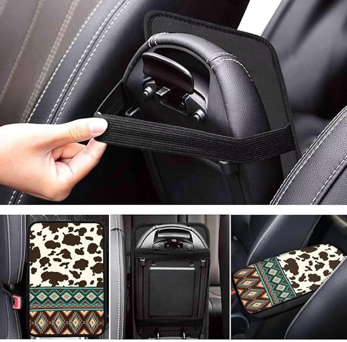 Coldinair Brown Cow Car Center Console Pad Ethnic Aztec Soft Armrest Protector Cover Fit for Most Vehicle,SUV,Truck,Washable