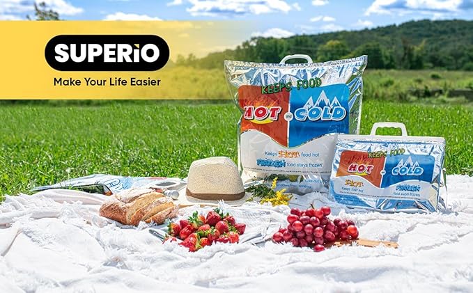 Superio Hot and Cold Insulated Bags for Food Delivery, Grocery Shopping Bags, Food Storage for Hot and Frozen Food for Travel, Disposable Cooler Bag, Reinforced Thermal Lunch Bag (10, 12"x13.5")