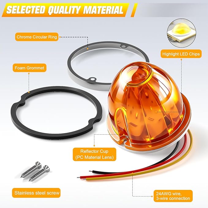 BJZ 10Pcs Amber Watermelon LED Strobe+Constant Marker Lights Dual Function Watermelon-shaped Side Marker Clearance Tail Top Cap Roof Lights for Trailer Truck Semi-trailer Heavy-duty Truck Bus Van