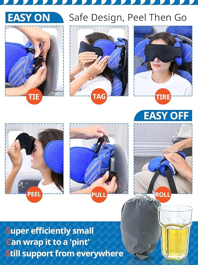 Travel Pillows for Airplanes, Airplane Pillow with Purple Sleep Eye Mask, 360° Neck Support Headrest, Portable Airplane Travel Essentials, Airplane Head Strap for Long Flight, Stop Bobblehead