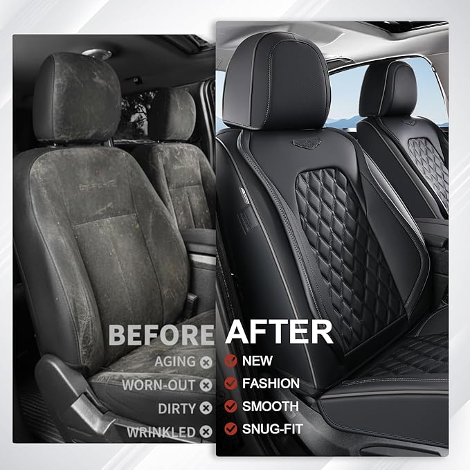 Coverado Full Set Car Seat Covers, Black Leather Seat Protectors, Luxury Front & Back Car Seat Covers,Waterproof Universal Fit, Automotive Seat Covers for Most Cars-Black