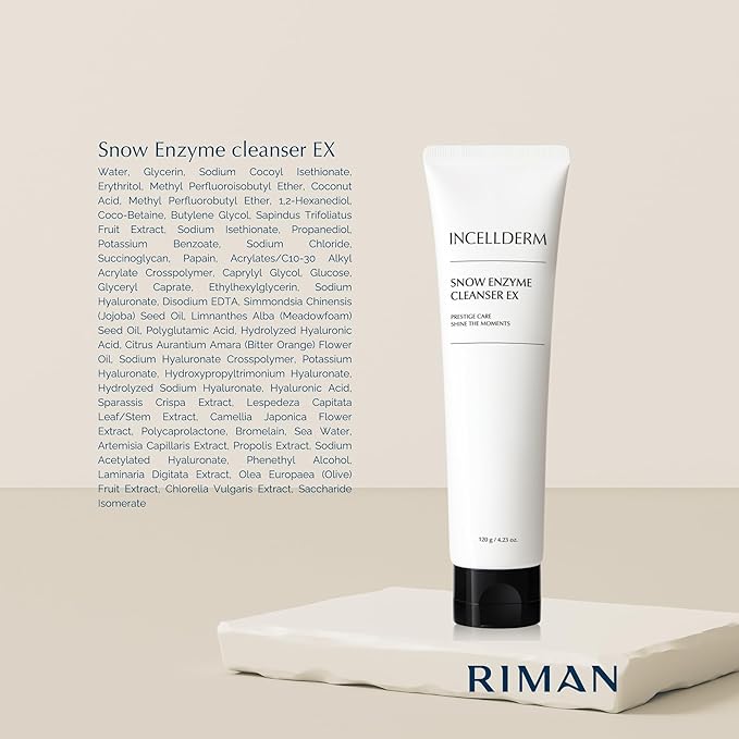 INCELLDERM Riman Snow Enzyme Cleanser EX | 120 g | Gentle Foaming Facial Cleanser for All Skin Types | Hydrating Face Wash with Natural Enzymes | Nourishing Oils | Deep Cleansing and Refreshing