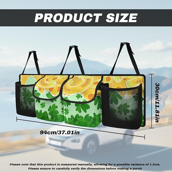 St. Patrick Day Car Trunk Organizer Green Leaves&Horseshoes Hanging Cargo Storage Bag Cargo Bag,Easy to Install,Add to the Festive Atmosphere