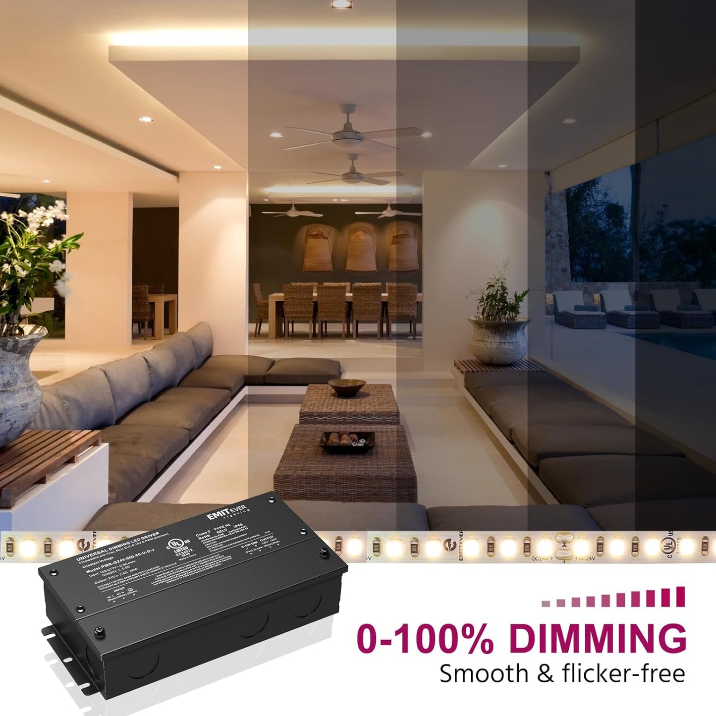 EMITEVER 60W Dimmable LED Driver, 24V Triac Dimmable Power Supply, AC to DC Transformer for LED Light, Compatible with Lutron and Leviton Dimmer, Waterproof IP67 and UL Listed, Class 2