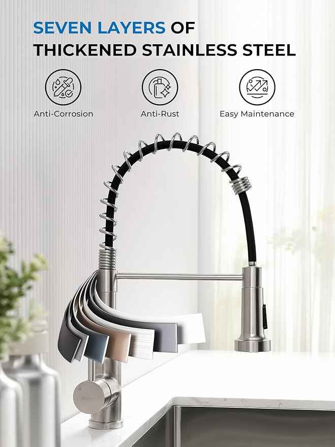 WEWE Kitchen Sink Faucet, Kitchen Faucets with Pull Down Sprayer Stainless Steel Single Handle Single Hole Brushed Nickel Commercial Industrial Spring Pull Out Laundry Farmhouse Kitchen Faucet