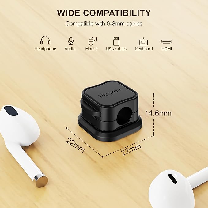 8 Pack Magnetic Cable Clip Organizer Cord Holder, Picozon Adhesive Cable Management, Wire Phone USB Charger Cable Holder, Keeper Organizer for Office Home Desktop Table - Black