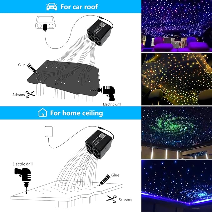AKEPO 36W 4 Color Twinkle Fiber Optic Starlights Headliner Lights Kit, Optical Fibers Music Sync Bluetooth APP Control Starlight Kit, 1000pcs*13.1ft
