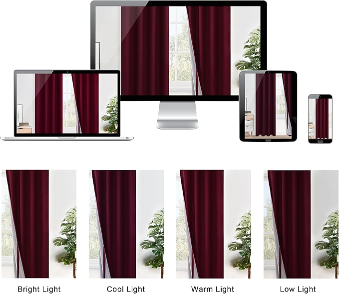 XWZO 100% Blackout Curtains with Tiebacks - Heat and Light Blocking Ring Top Window Drapes with Black Liner Backing for Bedroom Sewn with Tiebacks, Burgundy, W52 x L72, Set of 2