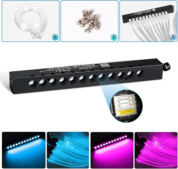 Split Car Starlight Headliner Kit, 4 Colors 12W Meteor Fiber Optic Starlight Kit, 600pcs*0.02in*9.8ft+240 RGBW Sound Activate Shooting Star Lights for Ceiling Car Roof/Home Decor