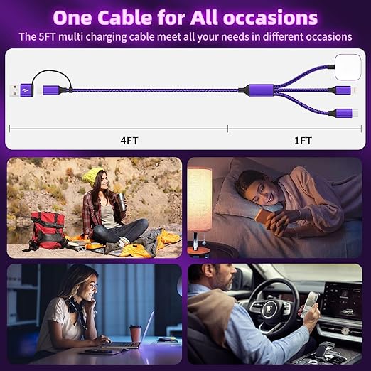 Travel Essentials 3in2 Multi Charging Cable for iPhone Watch Charger,USB A/C to Type C/IP/iWatch Charger,Travel Chargers for Multiple Devices Compatible with iWatch Series&iPhone 16-12(2PACK,5FT)