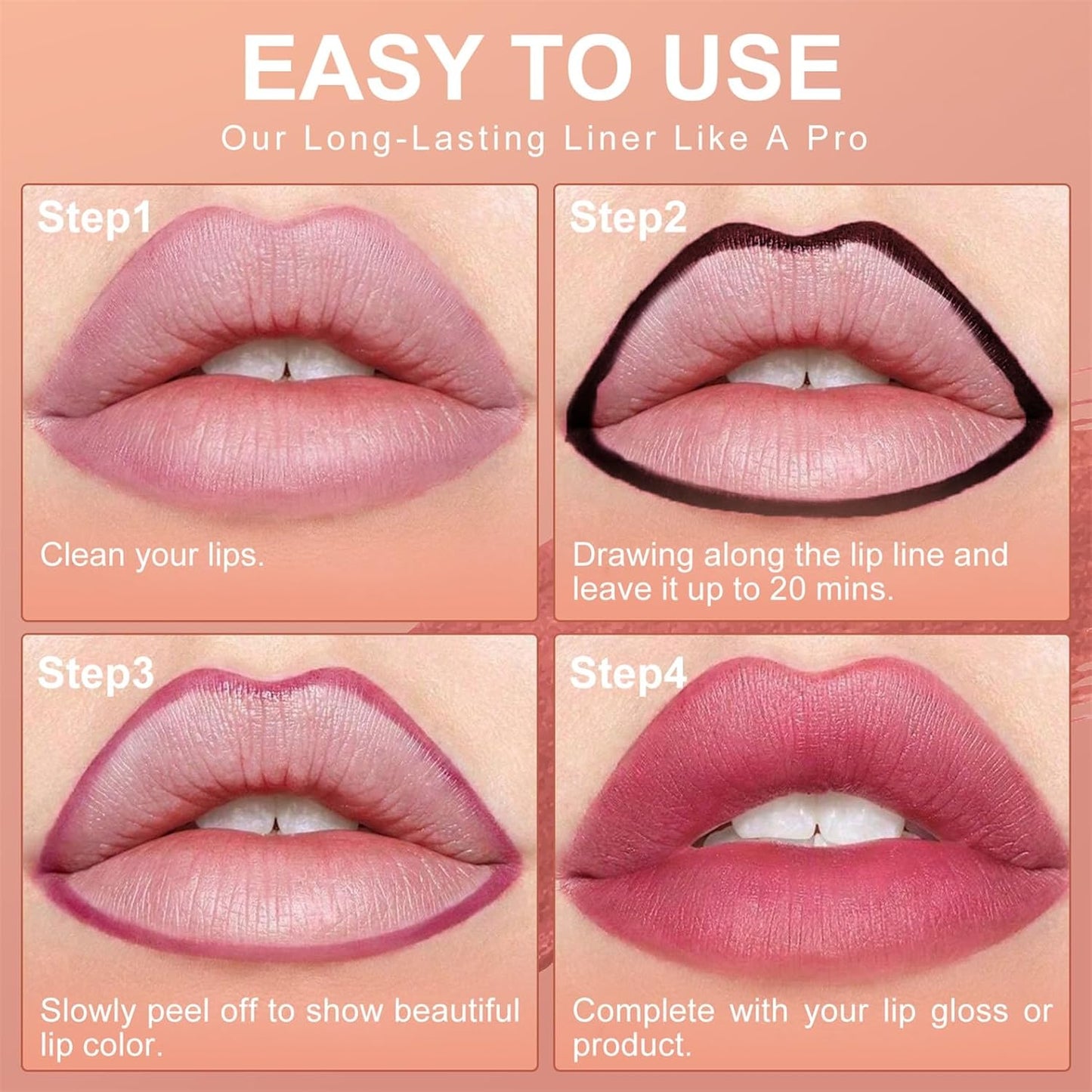 OETUIOW Lip Stain Peel Off, Lip Liner Moisturizing Long-Lasting & Waterproof, Transfer Proof & Plumping, Non-Stick Cup, 2PCS Rose