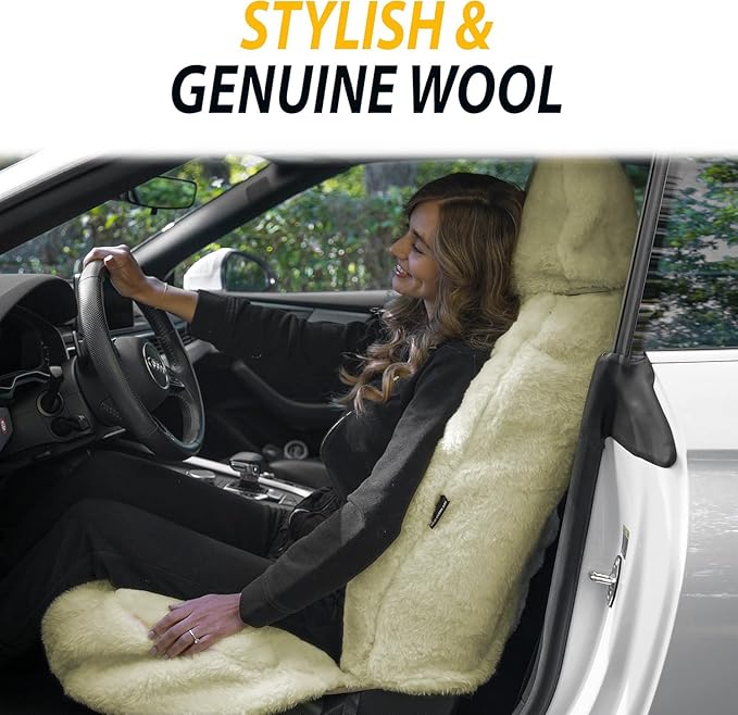 ZONETECH Sheepskin Seat Covers Fuzzy Car Seat Covers Tan Australian Merino Wool Fluffy Fur Auto Accessories All Season Protection for Your Seats Universal Fits Most Car SUV Airbag Compatible 2-Pack