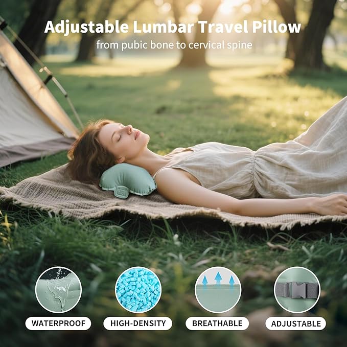 Mixtrend Travel Lumbar Pillow – Inflatable Memory Foam Back Support Cushion for Airplane, Car, Office Chair, Long Flight – Ergonomic Pain Relief for Women, Men & Kids (Matcha Green)