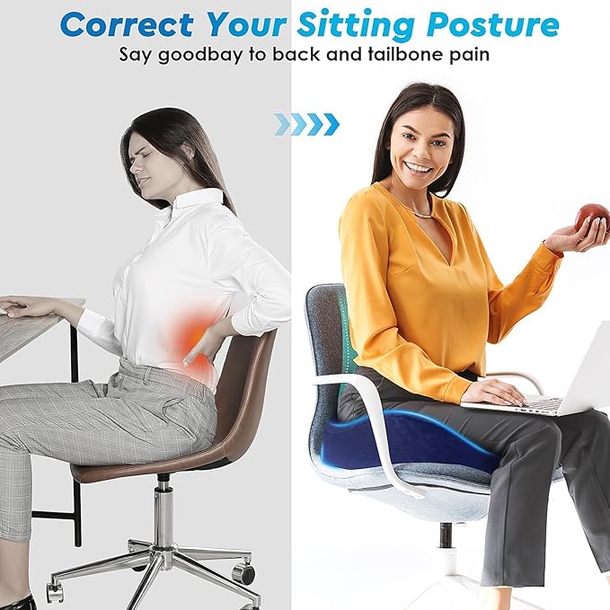 Seat Cushion, Gel Chair Cushions, Office Chair Cushions, Anti-Slip Bottom & Removable Cover Tailbone Pain Relief Cushion, Memory Foam Seat Cushion for Office, Wheelchair, Car (Blue)