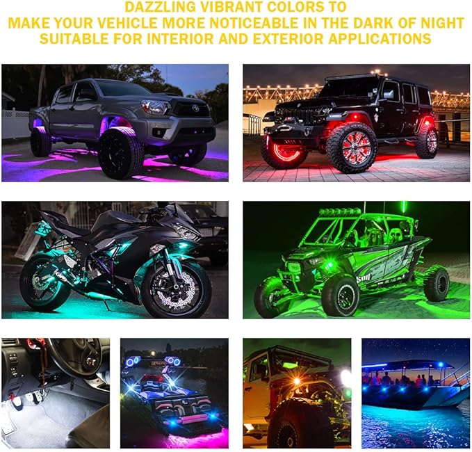 Xprite RGBW LED Rock Lights Kit with Bluetooth & Wireless Remote Controller, Multicolor Cars Underglow, Wheel, Footwell Neon Light Kits, for Off-Road UTV ATV Trucks SUV Motorcycle Boats - 4 Pods