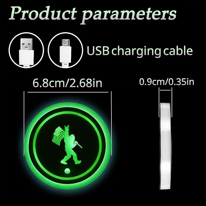 American Flag LED Cup Holder Lights for Car,2Pcs LED Light Up Cup Holder Coasters with USB Charging 7 Colors 3 Modes,Waterproof Interior Atmosphere Lamp,Car Decor Accessories Gifts for Women Men