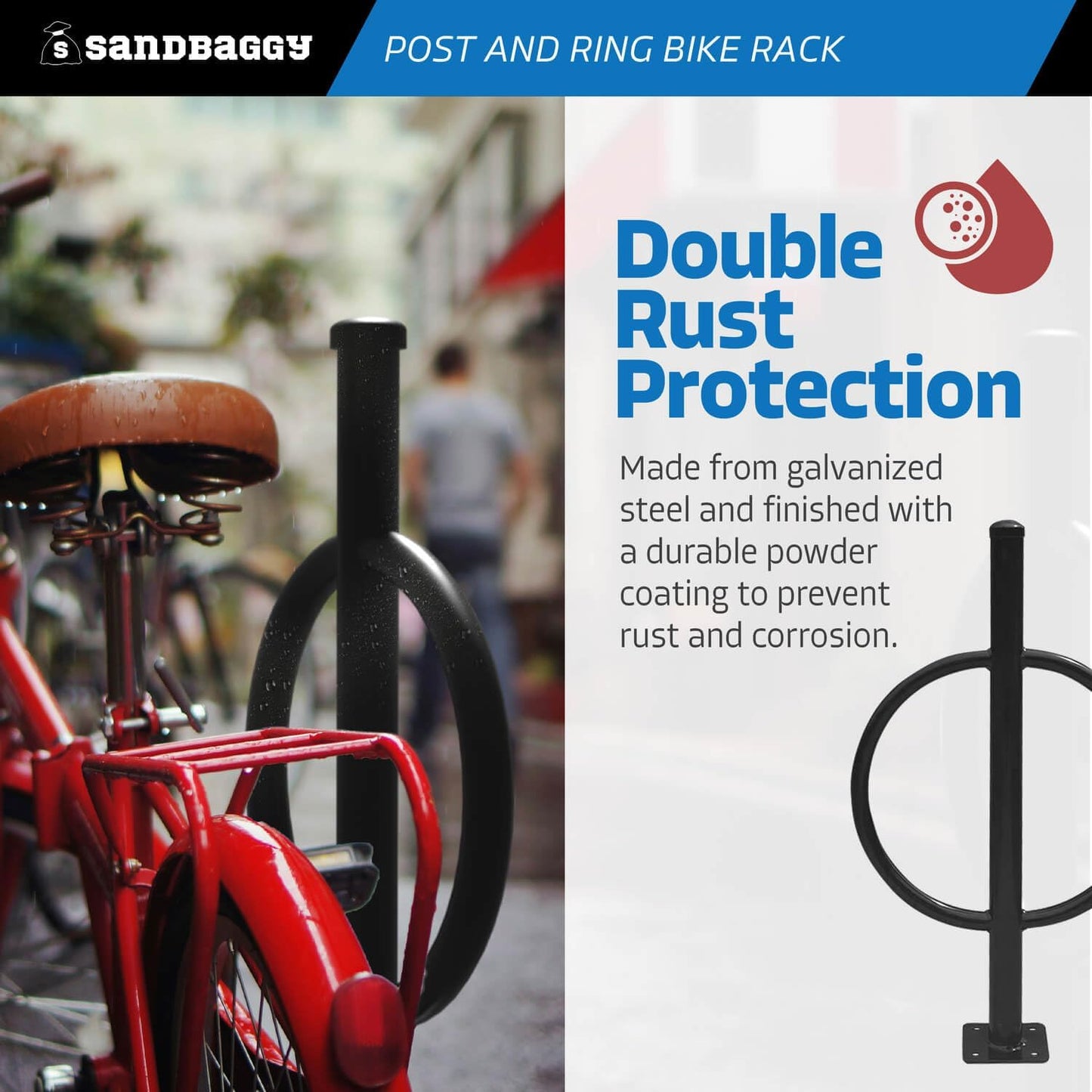 Sandbaggy Post and Ring Bike Rack - Commercial Bike Racks - Galvanized Steel - Anti-Theft Design - In Ground, Apartments, Sidewalks, Industrial (Red, 2)
