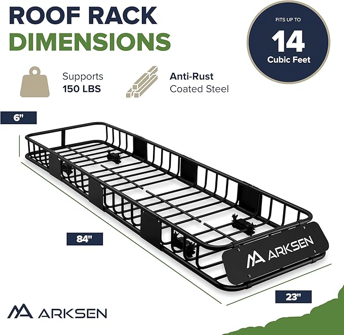 ARKSEN Skinny Roof Rack 84"x23"x6" Cargo Carrier with Waterproof Bag, Net, Straps & Anti-Slip Mat, Heavy Duty Top Mount Cargo Basket, Luggage Camping Gear Storage for Car, Truck or SUV Transport