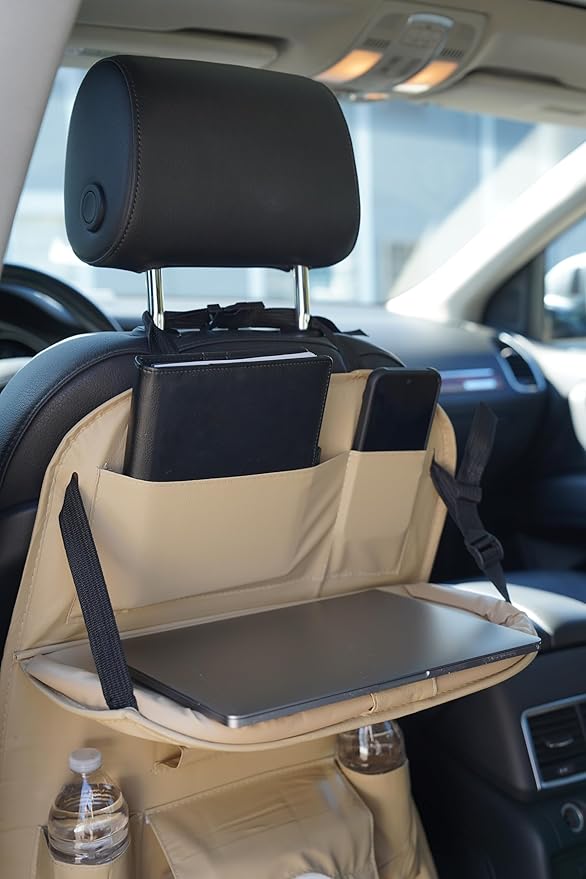 Luxury PU Leather Car Backseat Organizer with Foldable Table โ Multi-Functional Car Seat Storage. Waterproof Travel Back Seat Organizer with Cup Holders, Tissue Box & Tablet Pocket (Coffee)