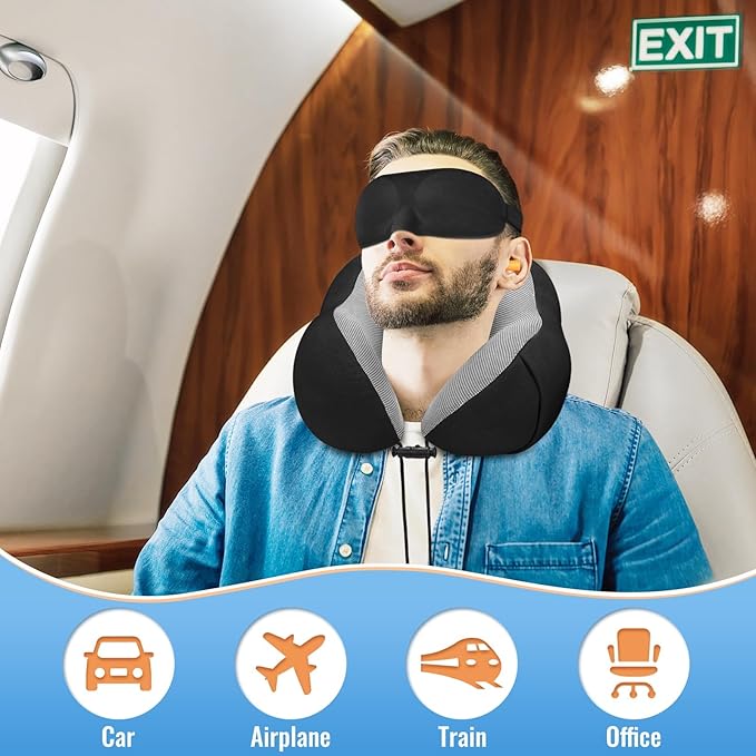 CloudBliss Travel Pillow Premium Memory Foam, Comfortable & Supportive Neck Pillow, Sleeping Neck Pillows for Travel, Airplane Pillow for Sleeping Airplane, Car, Office and Home(Black)