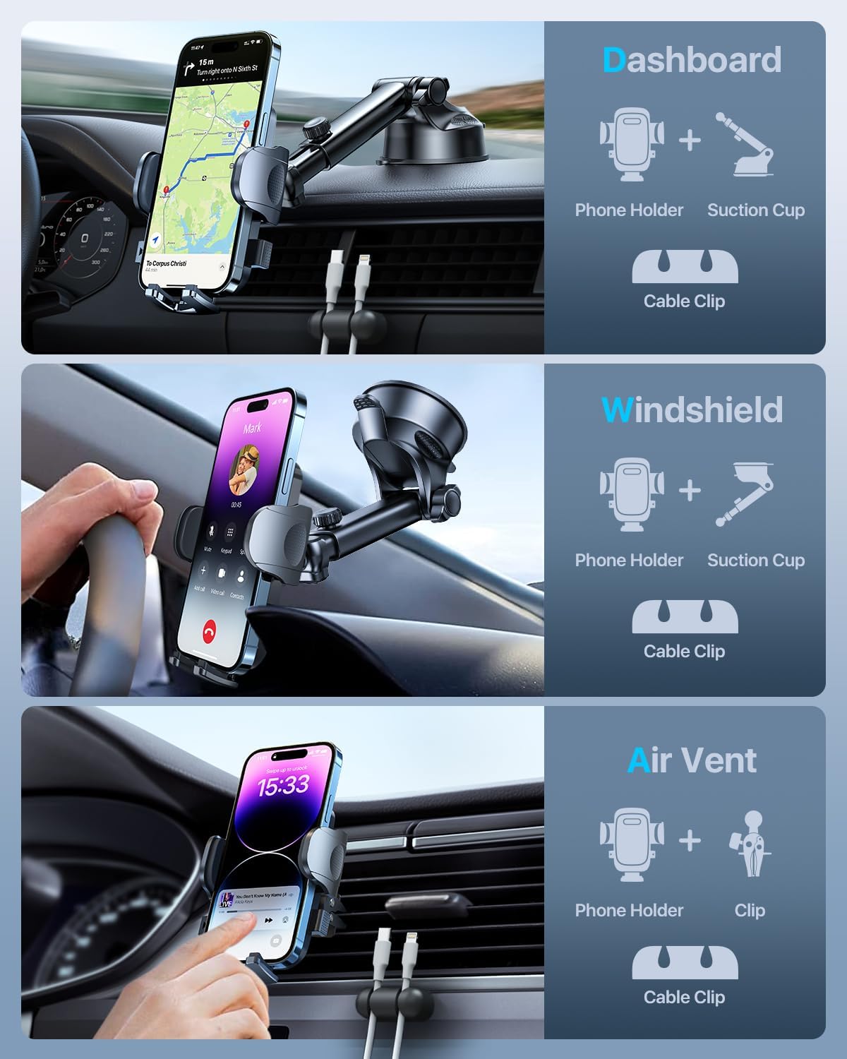 2025 Ultimate Car Phone Holderγ80+LBS Strongest Suction & Military-Gradeγ Universal Cell Phone Holder Truck Car Mount for Dashboard Windshield Air Vent for iPhone 16 Pro Max 15 Samsung 2pcs,Grey