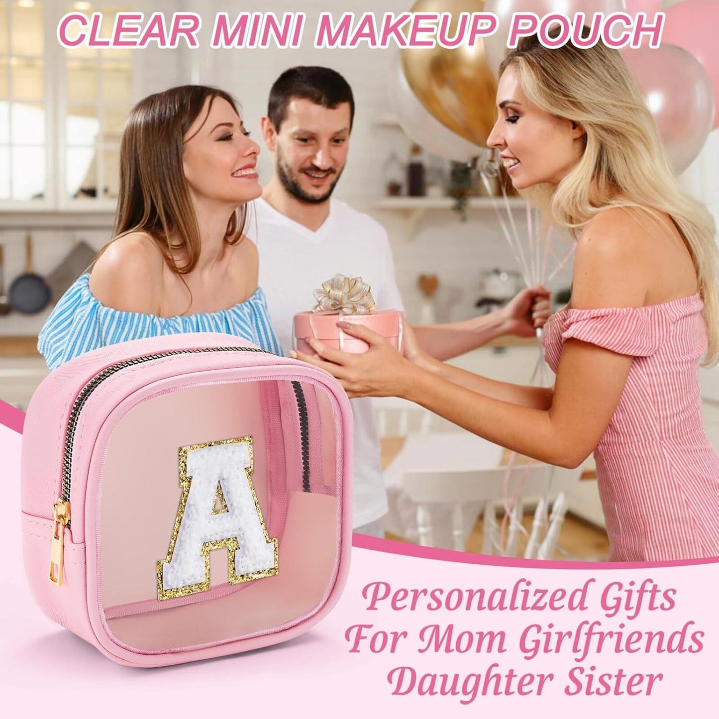 YOOLIFE Mini Initial Makeup Bag | Travel Toiletry Bag | Clear Makeup Bag | Travel Essentials Gifts for Women Teen Girlfriend Teacher Birthday Gifts | Clear Toiletry Bag Small Mini Cosmetic Bag Pink M